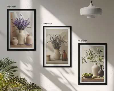 Lot de 3 tableaux pour salon représentant des fleurs de lavande, des olives et des vases