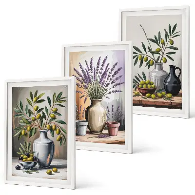 Cadre photo mural représentant des fleurs d'olivier dans des vases