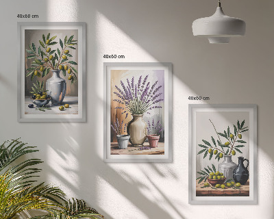 Cadre photo mural Fleurs d'olivier dans des vases en arrière-plan