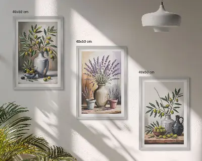 Cadre photo mural représentant des fleurs d'olivier dans des vases
