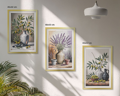 Cadre photo mural Fleurs d'olivier dans des vases en arrière-plan