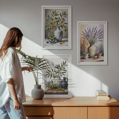 Cadre photo mural Fleurs d'olivier dans des vases en arrière-plan