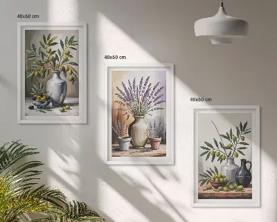 Cadre photo mural représentant des fleurs d'olivier dans des vases