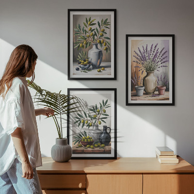 Cadre photo mural Fleurs d'olivier dans des vases en arrière-plan