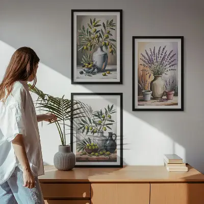Cadre photo mural représentant des fleurs d'olivier dans des vases