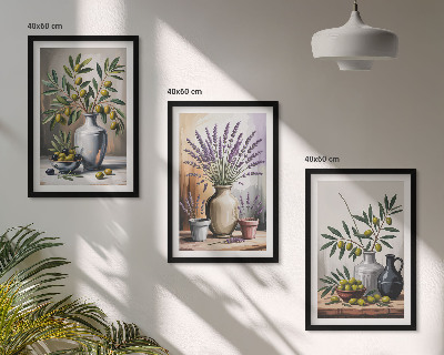 Cadre photo mural Fleurs d'olivier dans des vases en arrière-plan