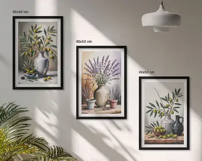 Cadre photo mural représentant des fleurs d'olivier dans des vases
