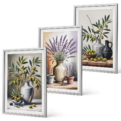 Cadre photo mural représentant des fleurs d'olivier dans des vases