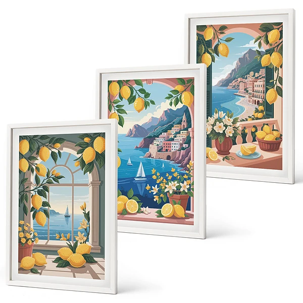 Lot de 3 tableaux pour salon représentant des citrons italiens avec vue sur la mer
