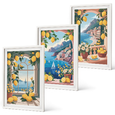 Lot de 3 tableaux pour salon Citrons italiens fenêtre sur mer