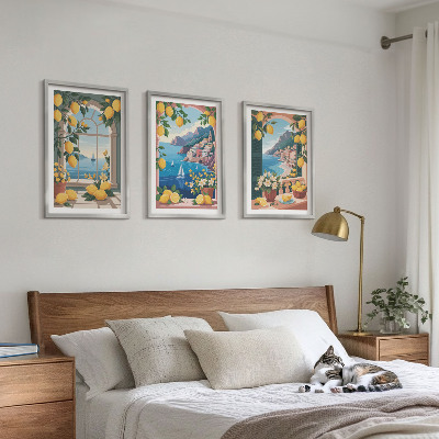Lot de 3 tableaux pour salon Citrons italiens fenêtre sur mer
