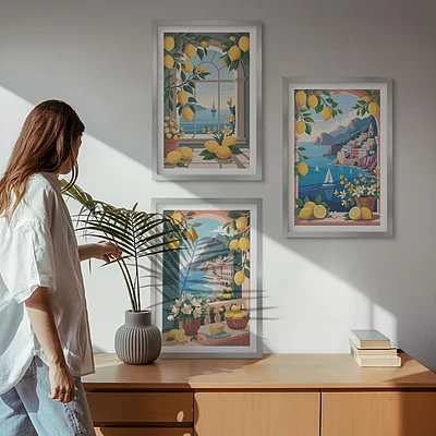 Lot de 3 tableaux pour salon représentant des citrons italiens avec vue sur la mer