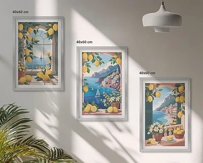 Lot de 3 tableaux pour salon représentant des citrons italiens avec vue sur la mer