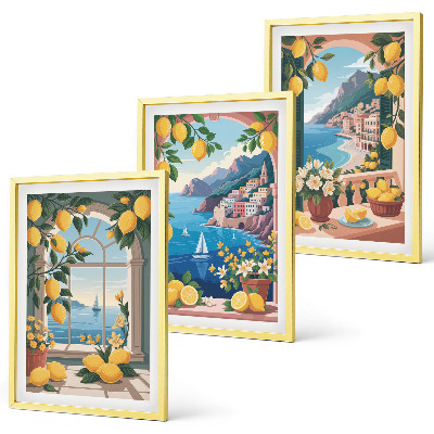 Lot de 3 tableaux pour salon Citrons italiens fenêtre sur mer