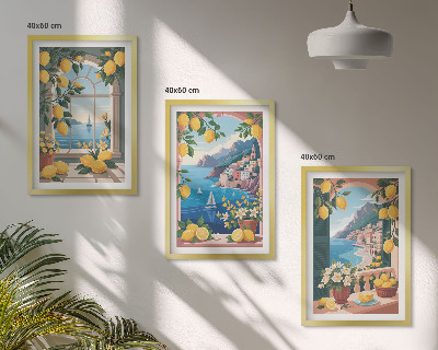 Lot de 3 tableaux pour salon Citrons italiens fenêtre sur mer