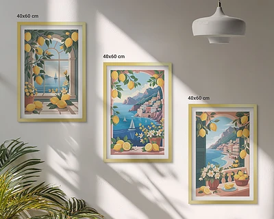Lot de 3 tableaux pour salon représentant des citrons italiens avec vue sur la mer