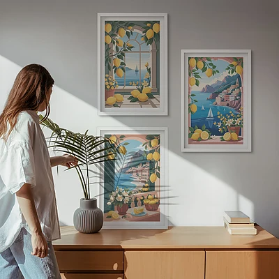 Lot de 3 tableaux pour salon représentant des citrons italiens avec vue sur la mer