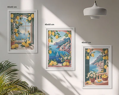 Lot de 3 tableaux pour salon représentant des citrons italiens avec vue sur la mer