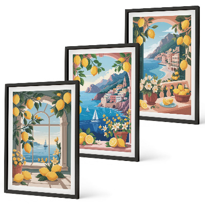 Lot de 3 tableaux pour salon Citrons italiens fenêtre sur mer