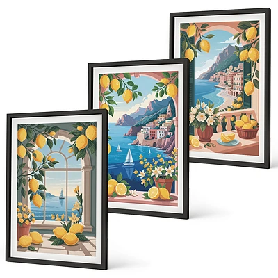 Lot de 3 tableaux pour salon représentant des citrons italiens avec vue sur la mer