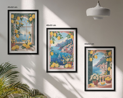 Lot de 3 tableaux pour salon Citrons italiens fenêtre sur mer