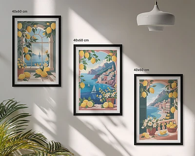 Lot de 3 tableaux pour salon représentant des citrons italiens avec vue sur la mer
