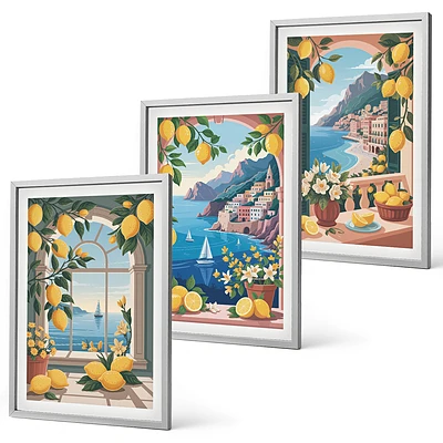 Lot de 3 tableaux pour salon représentant des citrons italiens avec vue sur la mer