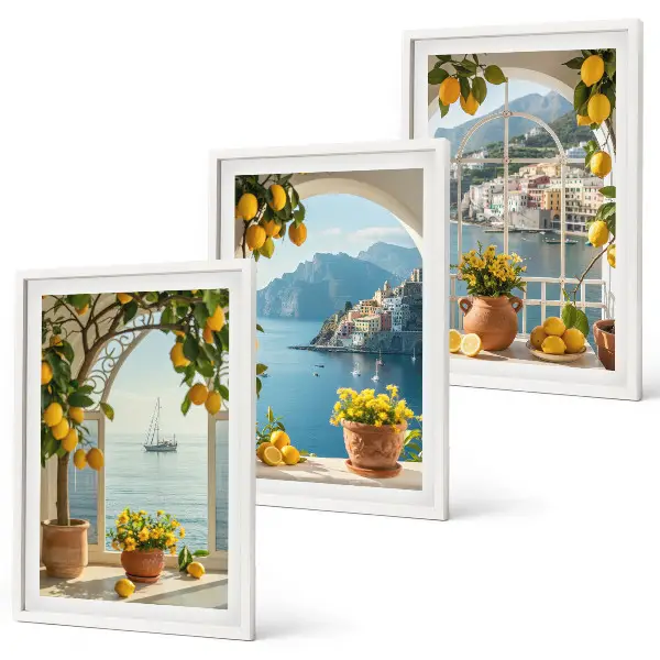Lot de 3 tableaux pour salon représentant des citronniers en fleurs dans une ville côtière