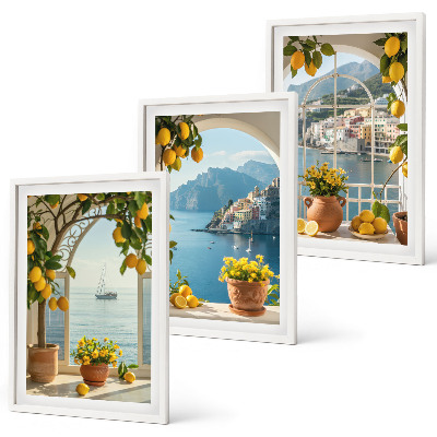 Lot de 3 tableaux pour salon Citronniers en fleurs de ville côtière