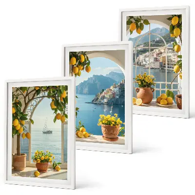 Lot de 3 tableaux pour salon représentant des citronniers en fleurs dans une ville côtière