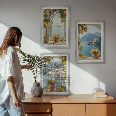 Lot de 3 tableaux pour salon représentant des citronniers en fleurs dans une ville côtière
