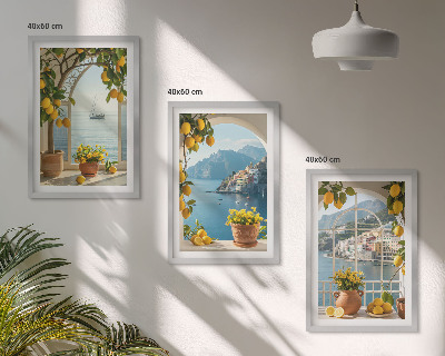 Lot de 3 tableaux pour salon Citronniers en fleurs de ville côtière