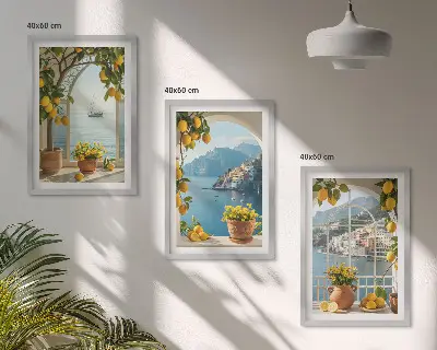 Lot de 3 tableaux pour salon représentant des citronniers en fleurs dans une ville côtière