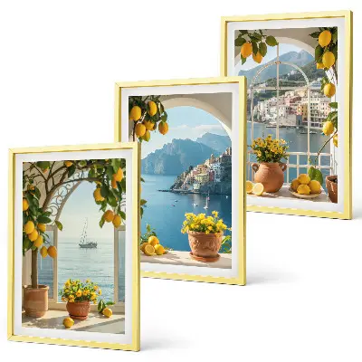 Lot de 3 tableaux pour salon représentant des citronniers en fleurs dans une ville côtière
