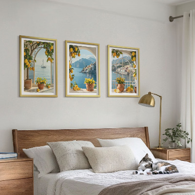Lot de 3 tableaux pour salon Citronniers en fleurs de ville côtière