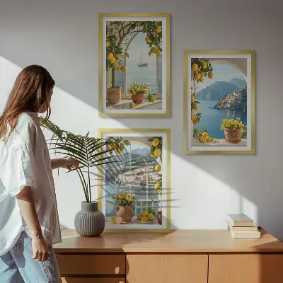 Lot de 3 tableaux pour salon représentant des citronniers en fleurs dans une ville côtière