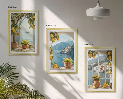 Lot de 3 tableaux pour salon représentant des citronniers en fleurs dans une ville côtière