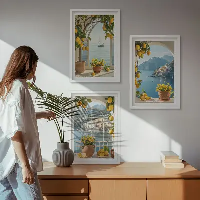 Lot de 3 tableaux pour salon représentant des citronniers en fleurs dans une ville côtière