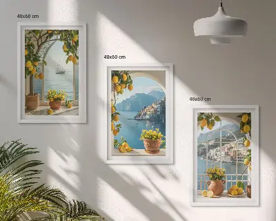 Lot de 3 tableaux pour salon représentant des citronniers en fleurs dans une ville côtière