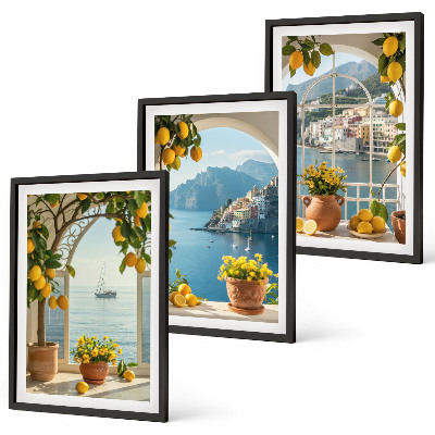 Lot de 3 tableaux pour salon Citronniers en fleurs de ville côtière