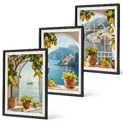 Lot de 3 tableaux pour salon représentant des citronniers en fleurs dans une ville côtière