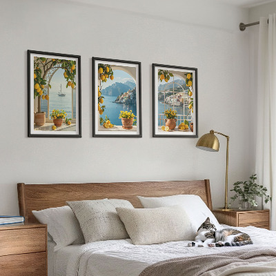 Lot de 3 tableaux pour salon Citronniers en fleurs de ville côtière