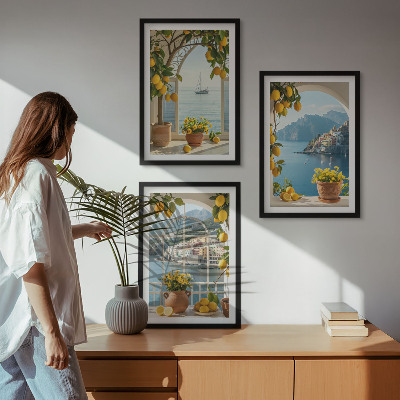 Lot de 3 tableaux pour salon Citronniers en fleurs de ville côtière
