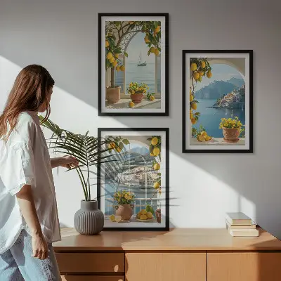 Lot de 3 tableaux pour salon représentant des citronniers en fleurs dans une ville côtière