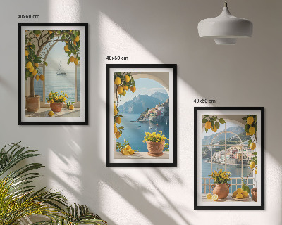 Lot de 3 tableaux pour salon Citronniers en fleurs de ville côtière