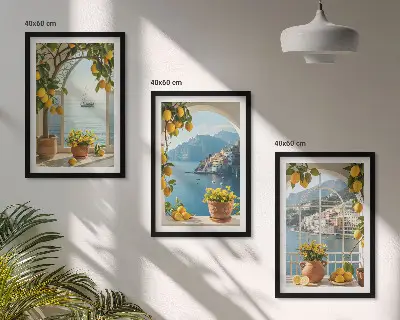 Lot de 3 tableaux pour salon représentant des citronniers en fleurs dans une ville côtière