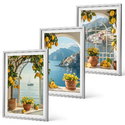 Lot de 3 tableaux pour salon Citronniers en fleurs de ville côtière