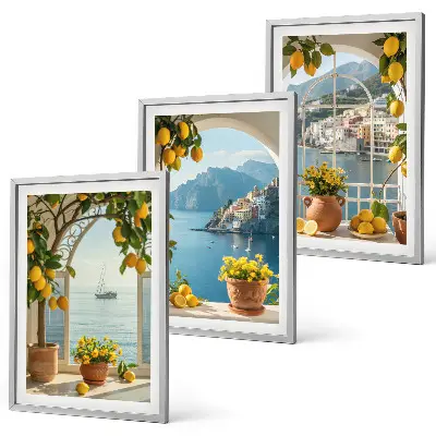 Lot de 3 tableaux pour salon représentant des citronniers en fleurs dans une ville côtière