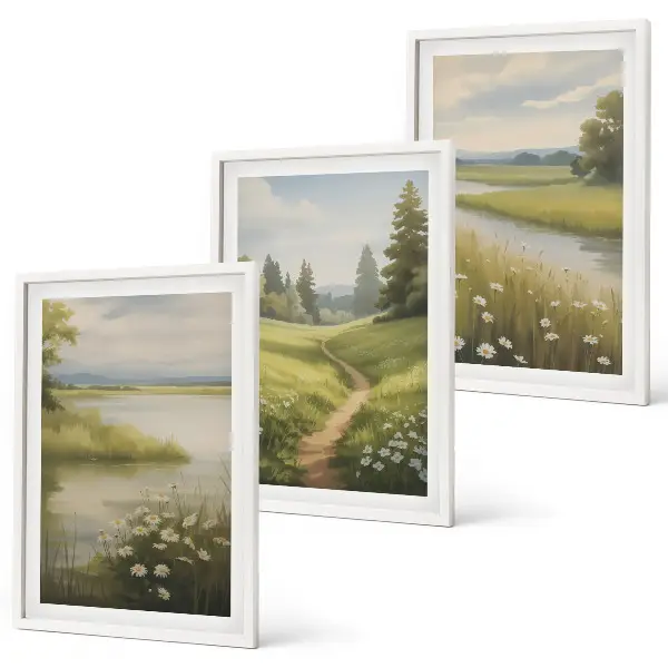 Cadre photo mural représentant un paysage printanier avec une prairie riveraine