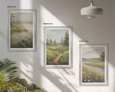 Cadre photo mural représentant un paysage printanier avec une prairie riveraine